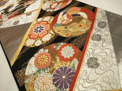 平和屋着物◎六通柄袋帯　唐織　鳳凰花丸文　黒地　金銀糸　正絹　逸品　CAAW9390qe
