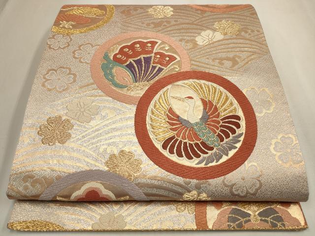 平和屋着物◎六通柄袋帯　唐織　飛鶴舞蝶花丸文　金銀糸　正絹　逸品　CAAW9396qe