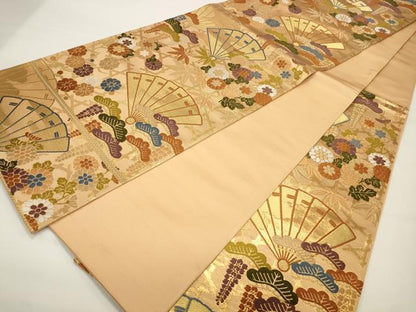 平和屋着物◎六通柄袋帯　唐織　扇面吉祥花文　松竹梅　金糸　正絹　逸品　CAAW9438qe