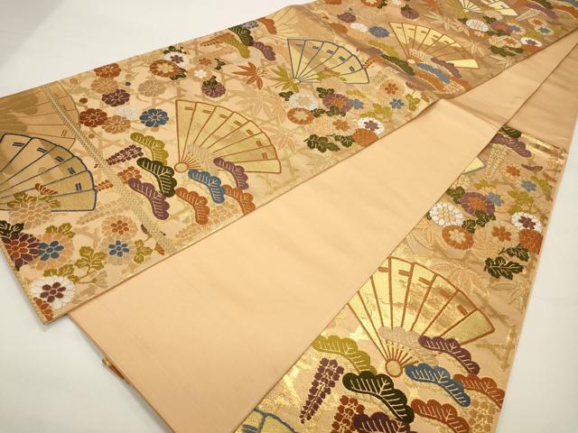 平和屋着物◎六通柄袋帯　唐織　扇面吉祥花文　松竹梅　金糸　正絹　逸品　CAAW9438qe