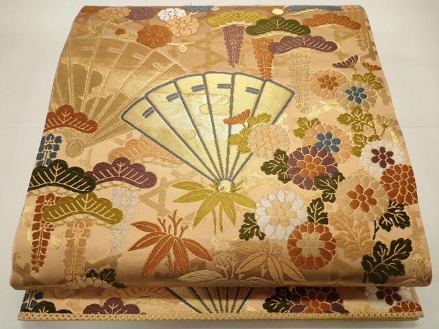 平和屋着物◎六通柄袋帯　唐織　扇面吉祥花文　松竹梅　金糸　正絹　逸品　CAAW9438qe
