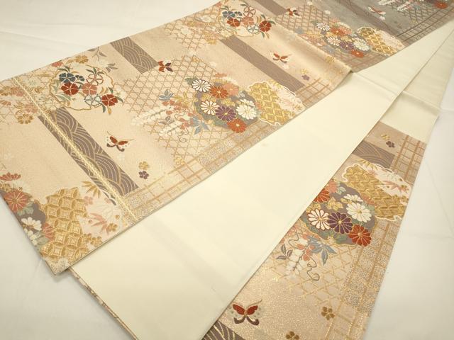 平和屋着物◎六通柄袋帯 唐織 雪輪花蝶文 金糸 正絹 逸品