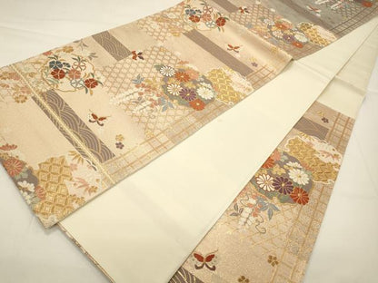 平和屋着物◎六通柄袋帯　唐織　雪輪花蝶文　金糸　正絹　逸品　CAAW9474qe