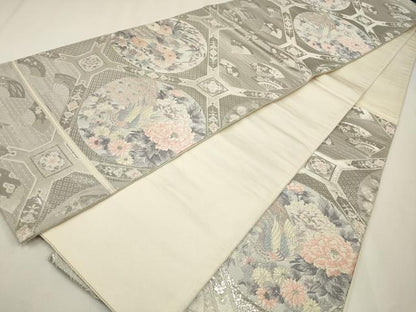 平和屋着物◎六通柄袋帯　唐織　九百錦　飾花丸鳥文　プラチナ箔　正絹　逸品　CAAW9498qe