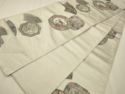 平和屋着物◎六通柄袋帯　絵皿花文　銀糸　正絹　逸品　CAAW9525qe