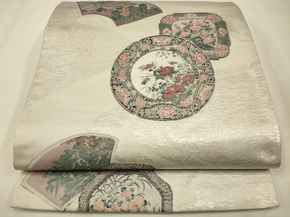 平和屋着物◎六通柄袋帯　絵皿花文　銀糸　正絹　逸品　CAAW9525qe
