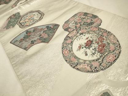 平和屋着物◎六通柄袋帯　絵皿花文　銀糸　正絹　逸品　CAAW9525qe