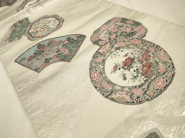 平和屋着物◎六通柄袋帯　絵皿花文　銀糸　正絹　逸品　CAAW9525qe