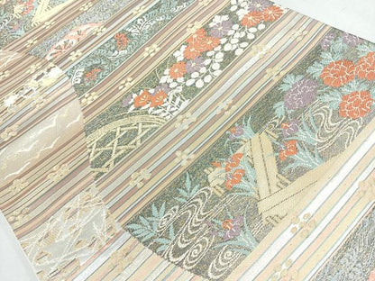 平和屋着物◎六通柄袋帯　唐織　流水花文　金銀糸　正絹　逸品　CAAW9681nb