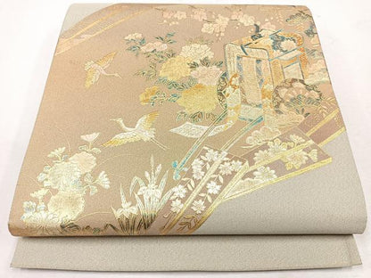 平和屋着物◎太鼓柄袋帯　御所車花鳥文　金彩　正絹　逸品　CAAW9687nb