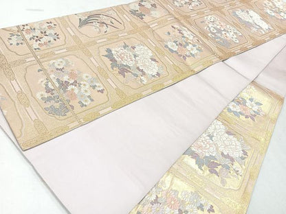 平和屋着物◎六通柄袋帯　唐織　格子花文　金糸　正絹　逸品　CAAW9693nb
