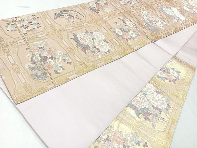 平和屋着物◎六通柄袋帯　唐織　格子花文　金糸　正絹　逸品　CAAW9693nb