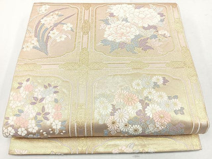 平和屋着物◎六通柄袋帯　唐織　格子花文　金糸　正絹　逸品　CAAW9693nb