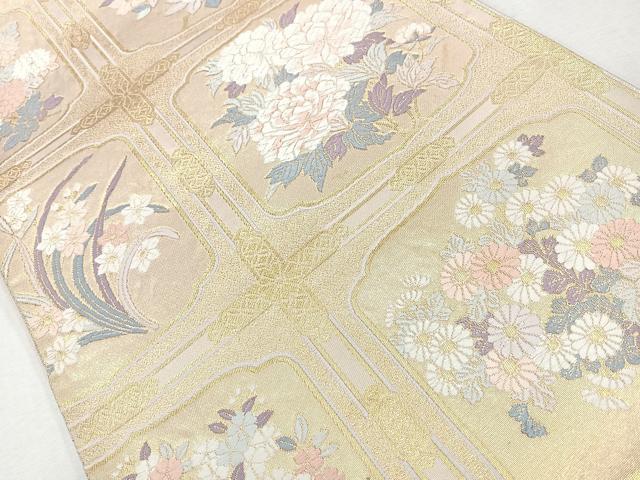 平和屋着物◎六通柄袋帯　唐織　格子花文　金糸　正絹　逸品　CAAW9693nb