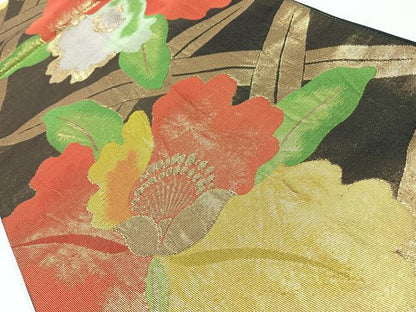 平和屋着物◎六通柄袋帯　カトレア　黒地　金糸　正絹　逸品　CAAW9717nb