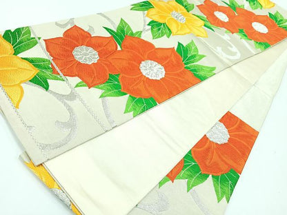 平和屋着物◎六通柄袋帯　草花文　銀糸　正絹　逸品　未使用　CAAW9719nb