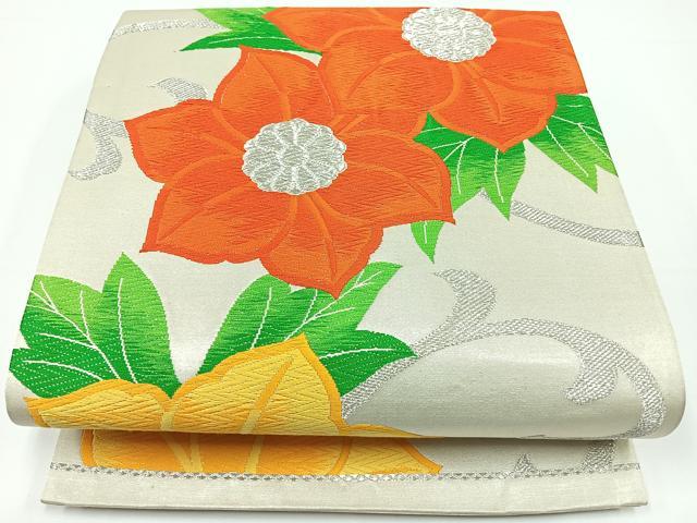 平和屋着物◎六通柄袋帯　草花文　銀糸　正絹　逸品　未使用　CAAW9719nb