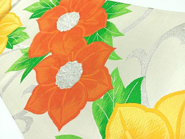 平和屋着物◎六通柄袋帯　草花文　銀糸　正絹　逸品　未使用　CAAW9719nb