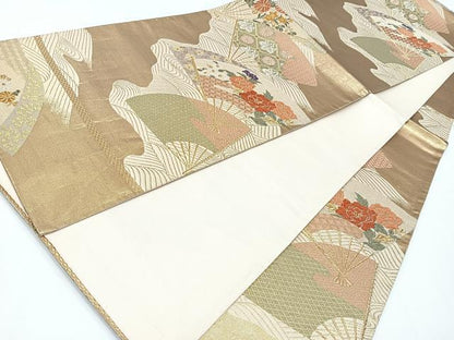 平和屋着物◎六通柄袋帯　唐織　扇面花文　金糸　正絹　逸品　CAAW9725nb