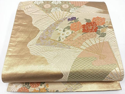 平和屋着物◎六通柄袋帯　唐織　扇面花文　金糸　正絹　逸品　CAAW9725nb