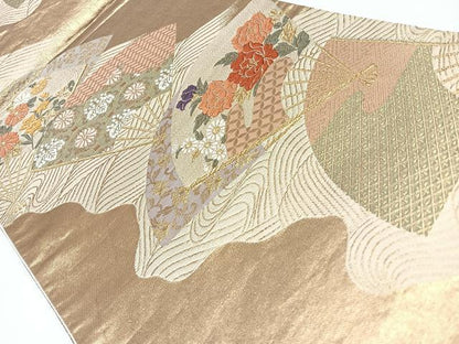 平和屋着物◎六通柄袋帯　唐織　扇面花文　金糸　正絹　逸品　CAAW9725nb