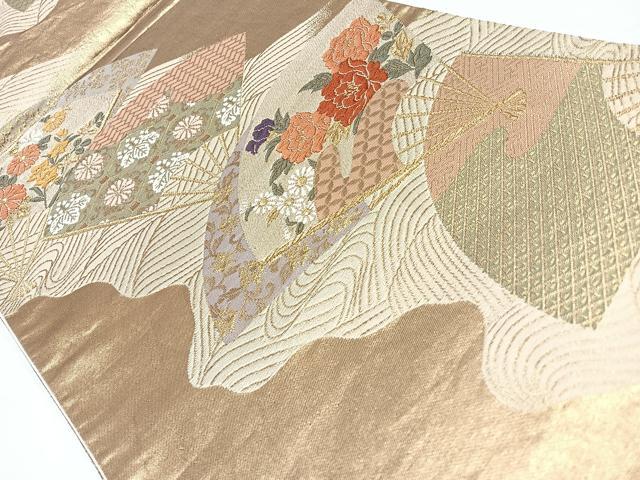 平和屋着物◎六通柄袋帯　唐織　扇面花文　金糸　正絹　逸品　CAAW9725nb