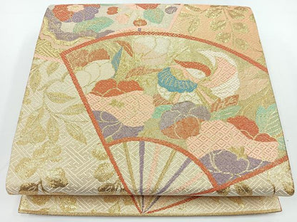 平和屋着物◎佐賀錦 六通柄袋帯 扇面鴛鴦花文 金糸 正絹 逸品 CAAW9739nb