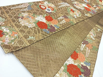 平和屋着物◎佐賀錦　六通柄袋帯　唐織　花丸文　黒地　金糸　正絹　逸品　CAAW9746nb