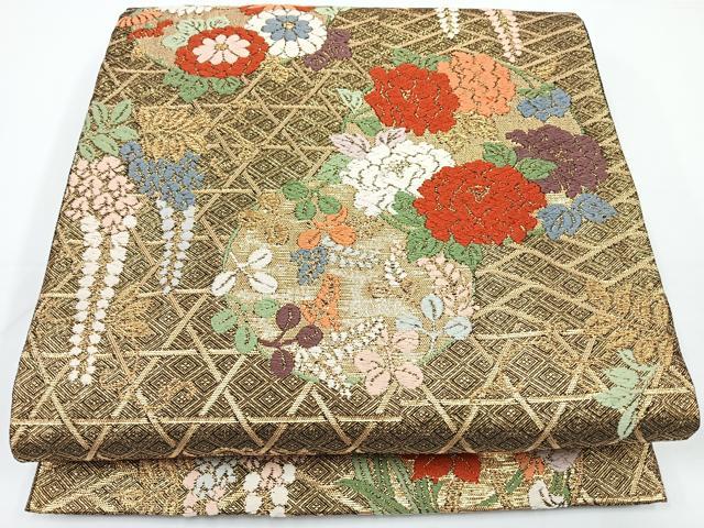 平和屋着物◎佐賀錦　六通柄袋帯　唐織　花丸文　黒地　金糸　正絹　逸品　CAAW9746nb