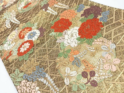 平和屋着物◎佐賀錦　六通柄袋帯　唐織　花丸文　黒地　金糸　正絹　逸品　CAAW9746nb