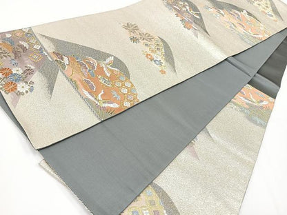 平和屋着物◎六通柄袋帯 唐織 遠山飛鶴花文 金銀糸 正絹 逸品 CAAW9768nb