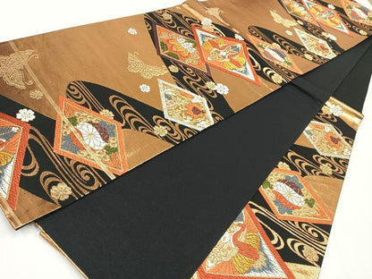 平和屋着物◎六通柄袋帯 唐織 流水双鶴花文 黒地 金銀糸 正絹 逸品 CAAW9772nb