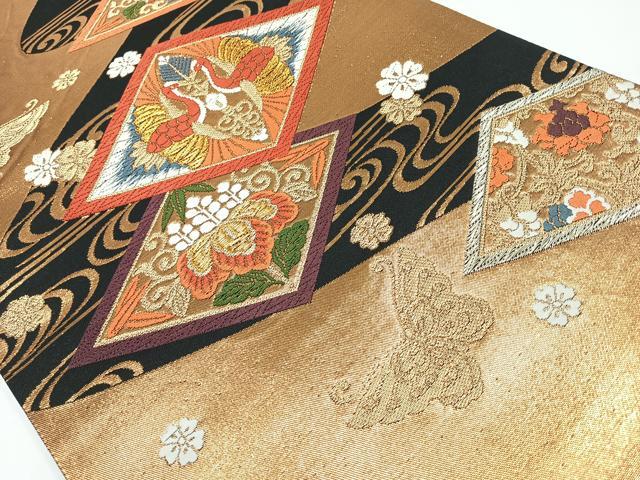 平和屋着物◎六通柄袋帯 唐織 流水双鶴花文 黒地 金銀糸 正絹 逸品 CAAW9772nb
