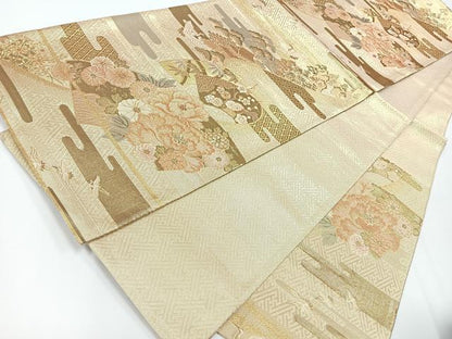 平和屋着物◎佐賀錦　六通柄袋帯　エ霞飛鶴花文　金糸　正絹　逸品　CAAW9777nb