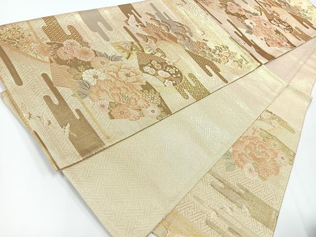 平和屋着物◎佐賀錦　六通柄袋帯　エ霞飛鶴花文　金糸　正絹　逸品　CAAW9777nb