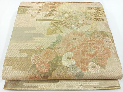 平和屋着物◎佐賀錦　六通柄袋帯　エ霞飛鶴花文　金糸　正絹　逸品　CAAW9777nb