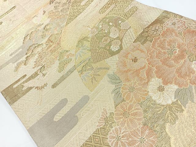 平和屋着物◎佐賀錦　六通柄袋帯　エ霞飛鶴花文　金糸　正絹　逸品　CAAW9777nb