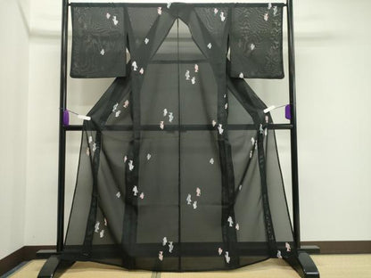 平和屋着物＊夏物 小紋 絽 人物文 黒地 洗える着物 CAAW9872gh