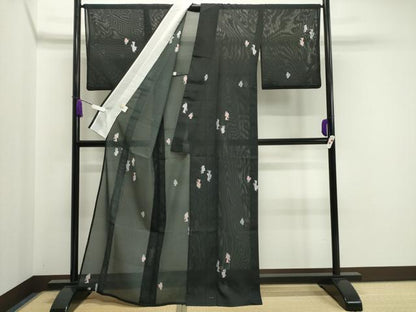 平和屋着物＊夏物 小紋 絽 人物文 黒地 洗える着物 CAAW9872gh