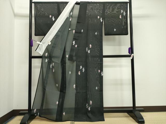 平和屋着物＊夏物 小紋 絽 人物文 黒地 洗える着物 CAAW9872gh