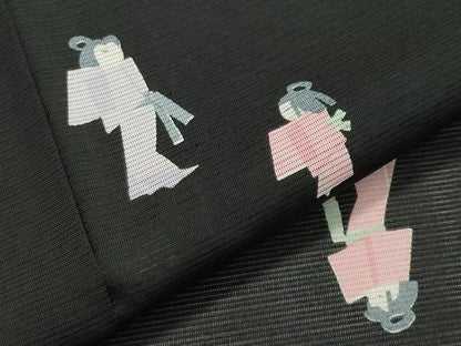 平和屋着物＊夏物 小紋 絽 人物文 黒地 洗える着物 CAAW9872gh