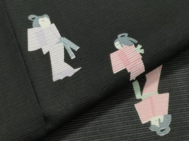 平和屋着物＊夏物 小紋 絽 人物文 黒地 洗える着物 CAAW9872gh