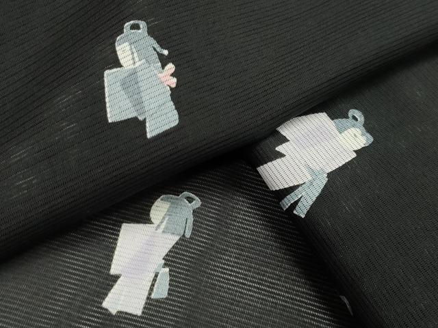 平和屋着物＊夏物 小紋 絽 人物文 黒地 洗える着物 CAAW9872gh