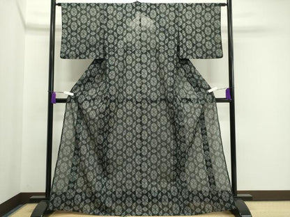 平和屋着物＊夏物 小紋 絽 吉祥花文 黒地 洗える着物 CAAW9876gh