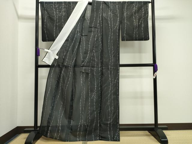 平和屋着物＊夏物 小紋 絽 草木文 黒地 洗える着物 CAAW9899gh
