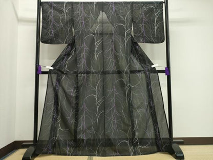 平和屋着物＊夏物 小紋 絽 草木文 黒地 洗える着物 CAAW9901gh