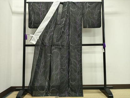 平和屋着物＊夏物 小紋 絽 草木文 黒地 洗える着物 CAAW9901gh
