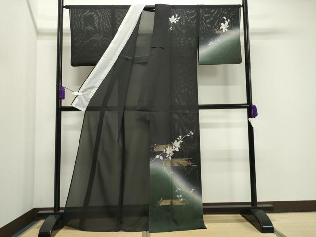 平和屋着物＊夏物 訪問着 絽 孔雀花文 暈し染め 黒地 金銀彩 正絹 逸品 CAAW9918gh