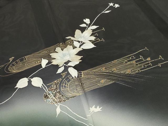 平和屋着物＊夏物 訪問着 絽 孔雀花文 暈し染め 黒地 金銀彩 正絹 逸品 CAAW9918gh