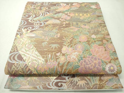 平和屋着物▼六通柄袋帯　流水風景花鳥文　金糸　正絹　逸品　CAAX0267vp
